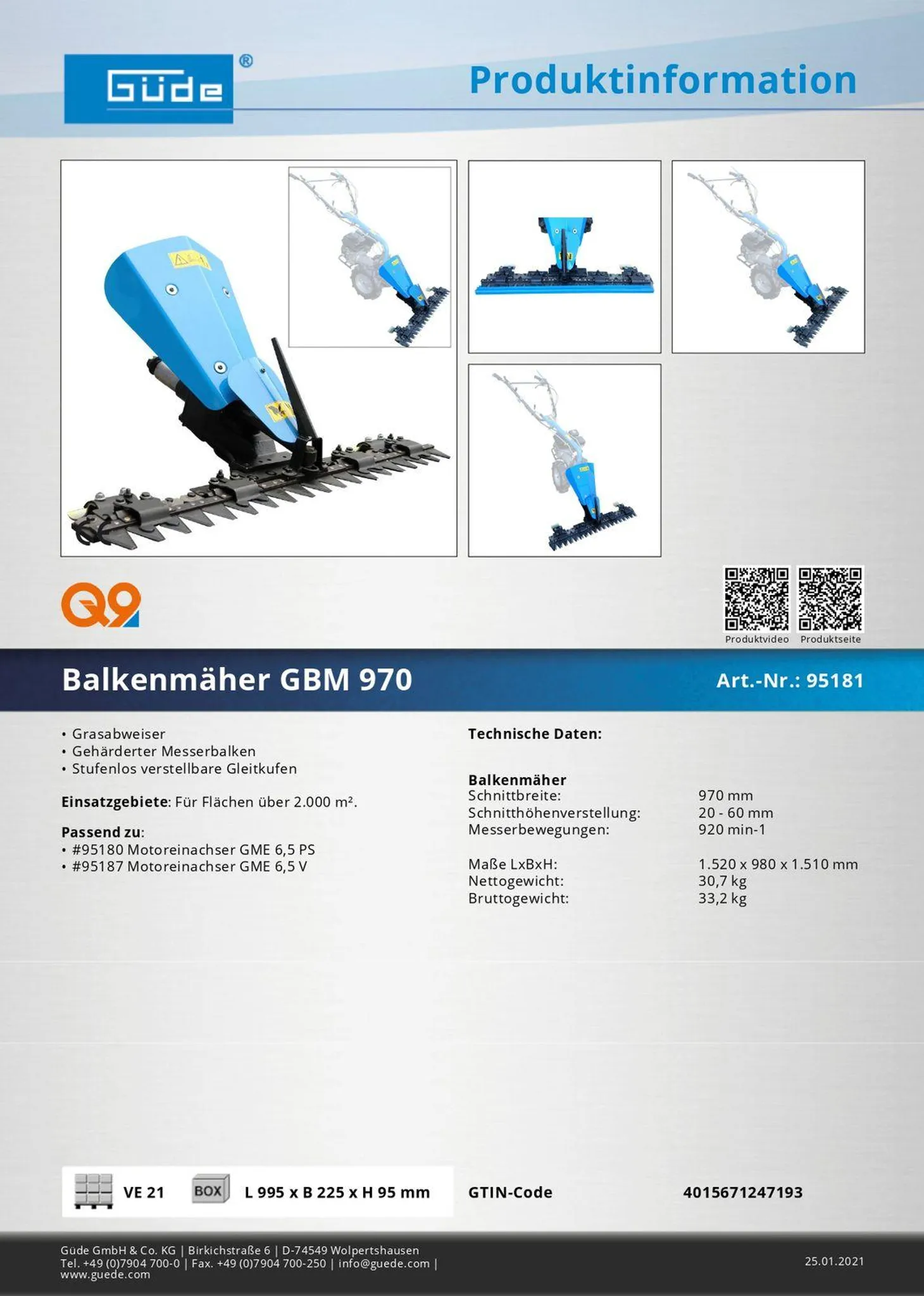 Faucheuse à barre Güde GBM 970 – Barre de coupe 970 mm – Pour Motoculteur GME 6,5 V – Image 2
